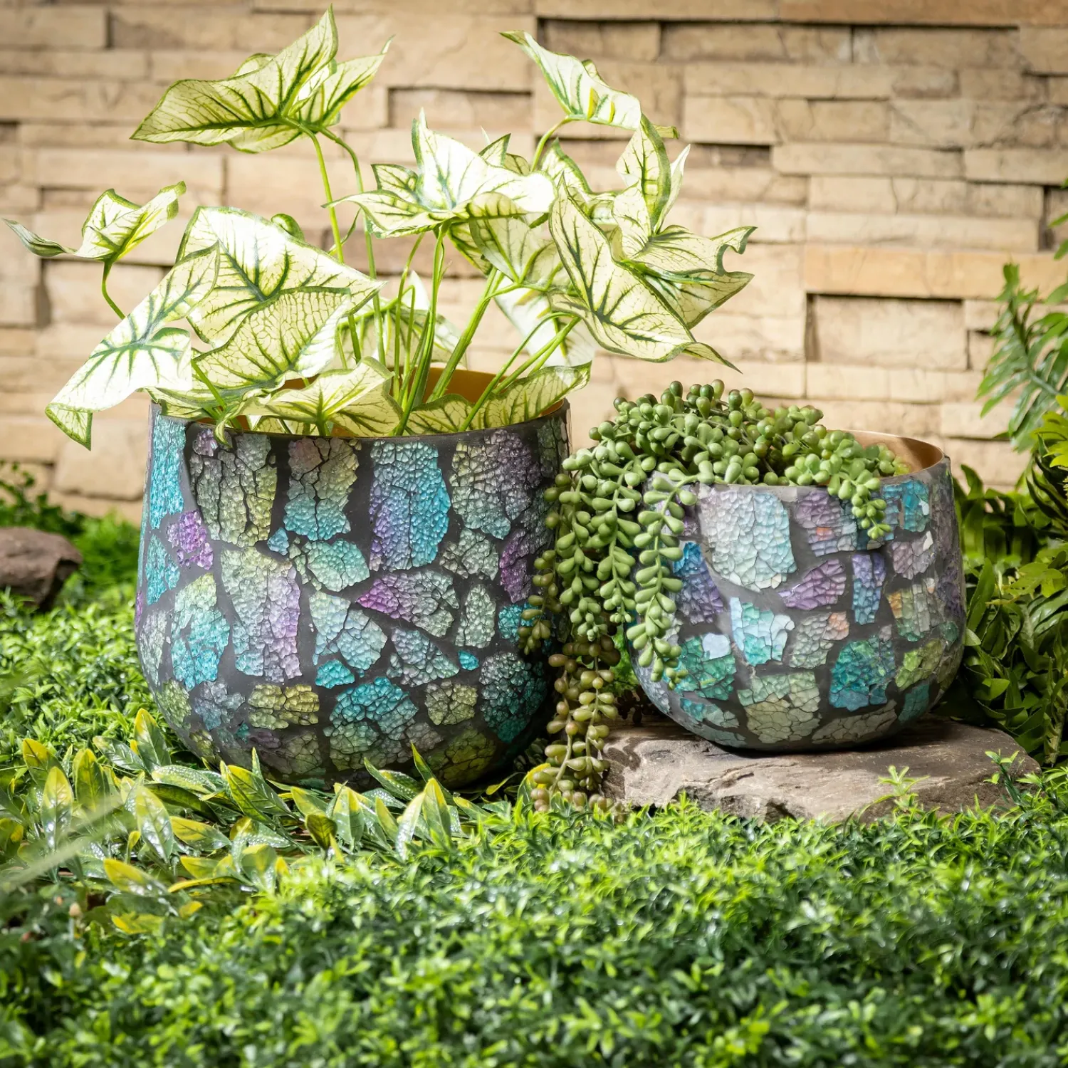 Plow & Hearth Planters & Plant Stands>Mosaic Glass and Metal Planter, Nested Set of 2