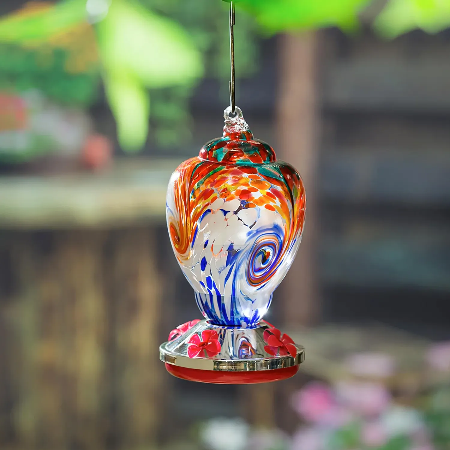 Plow & Hearth Hummingbird Feeders>Mutli-Colored Swirled Glass Hummingbird Feeder, Blue