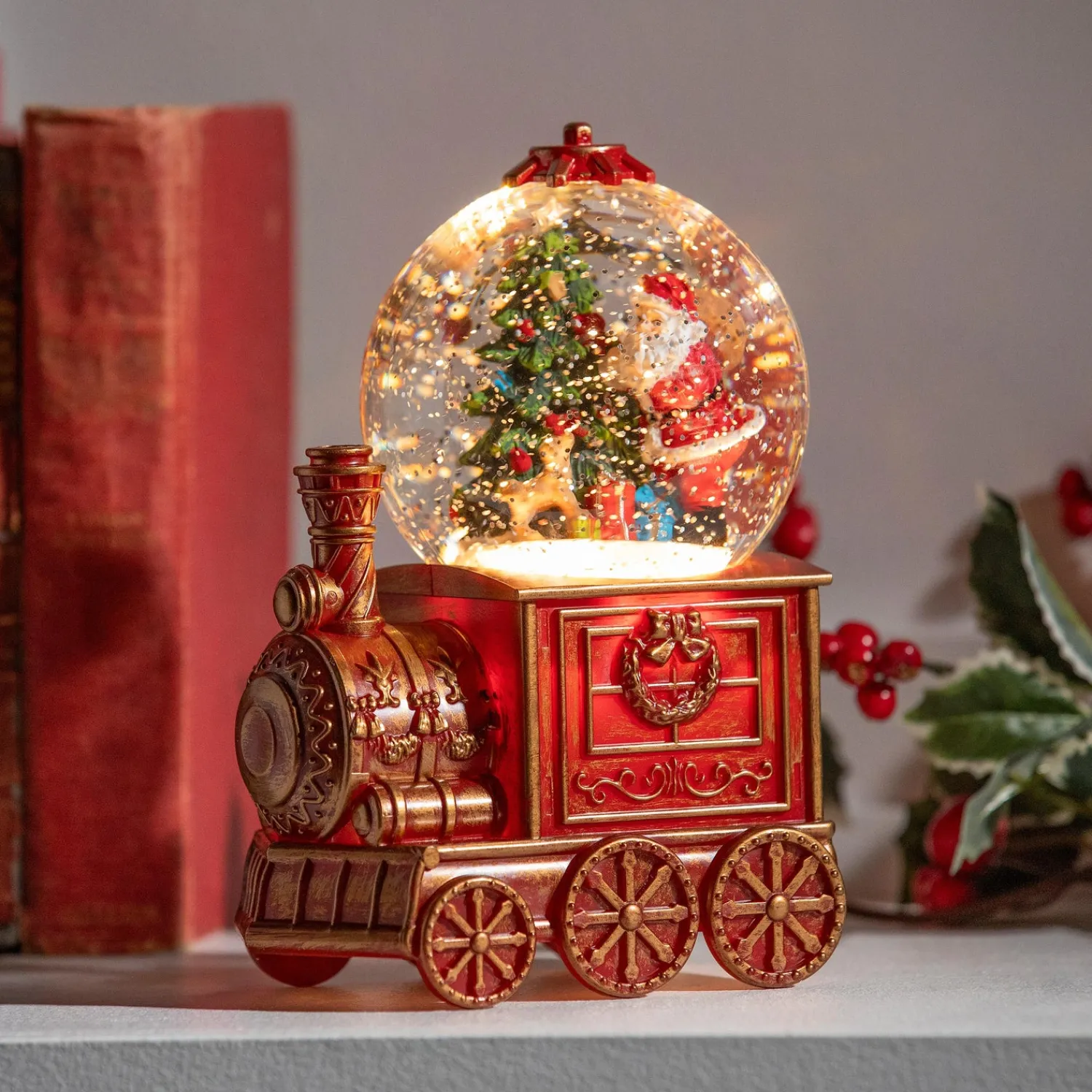 Plow & Hearth Decorative Accents|Lighted Accents>North Pole Express LED Table Decor Train Spinning Water Lantern with Santa and Tree, 7.5"