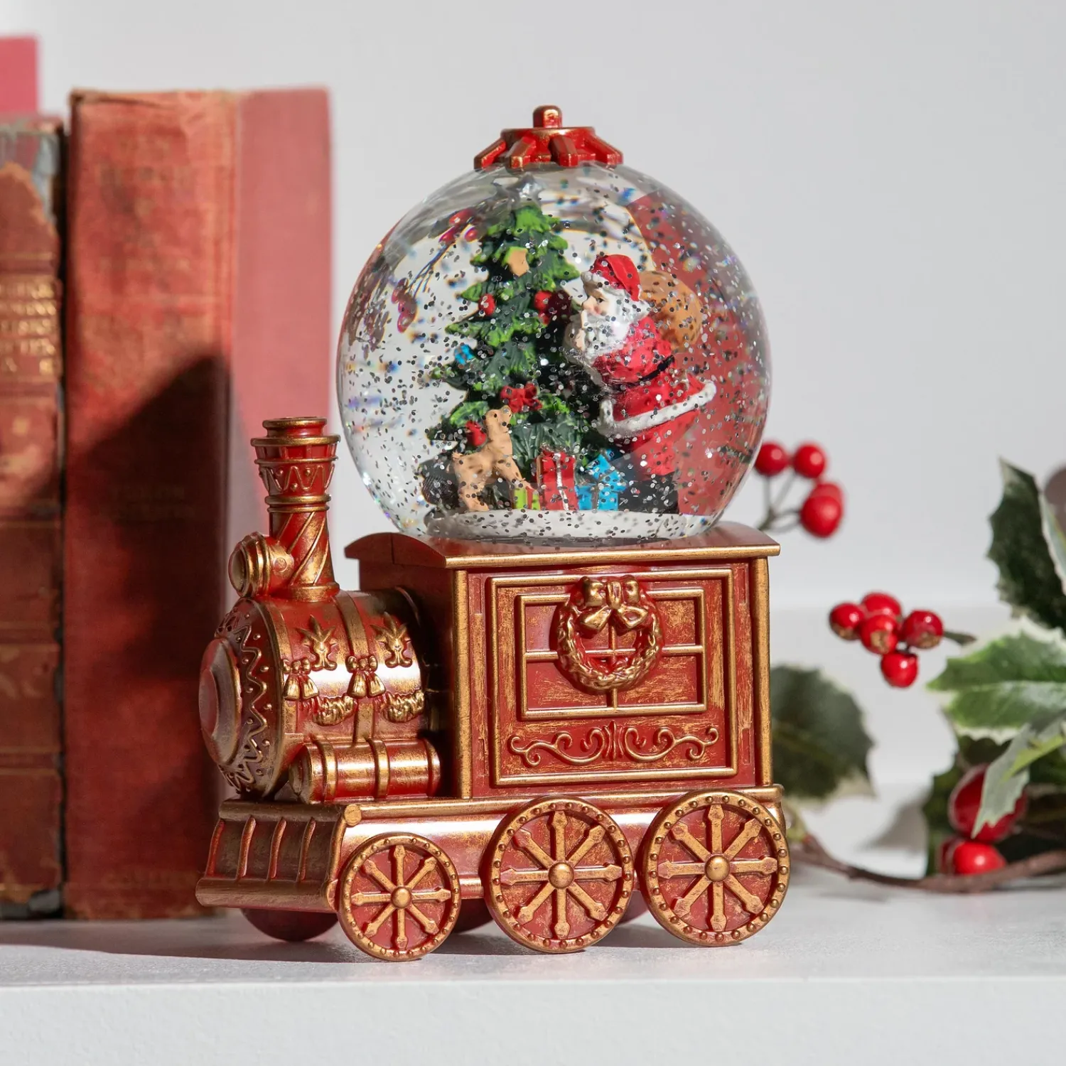 Plow & Hearth Decorative Accents|Lighted Accents>North Pole Express LED Table Decor Train Spinning Water Lantern with Santa and Tree, 7.5"