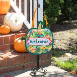 Plow & Hearth Fabric Door Hangers>Patterned Jacobean Floral Pumpkin Door Décor