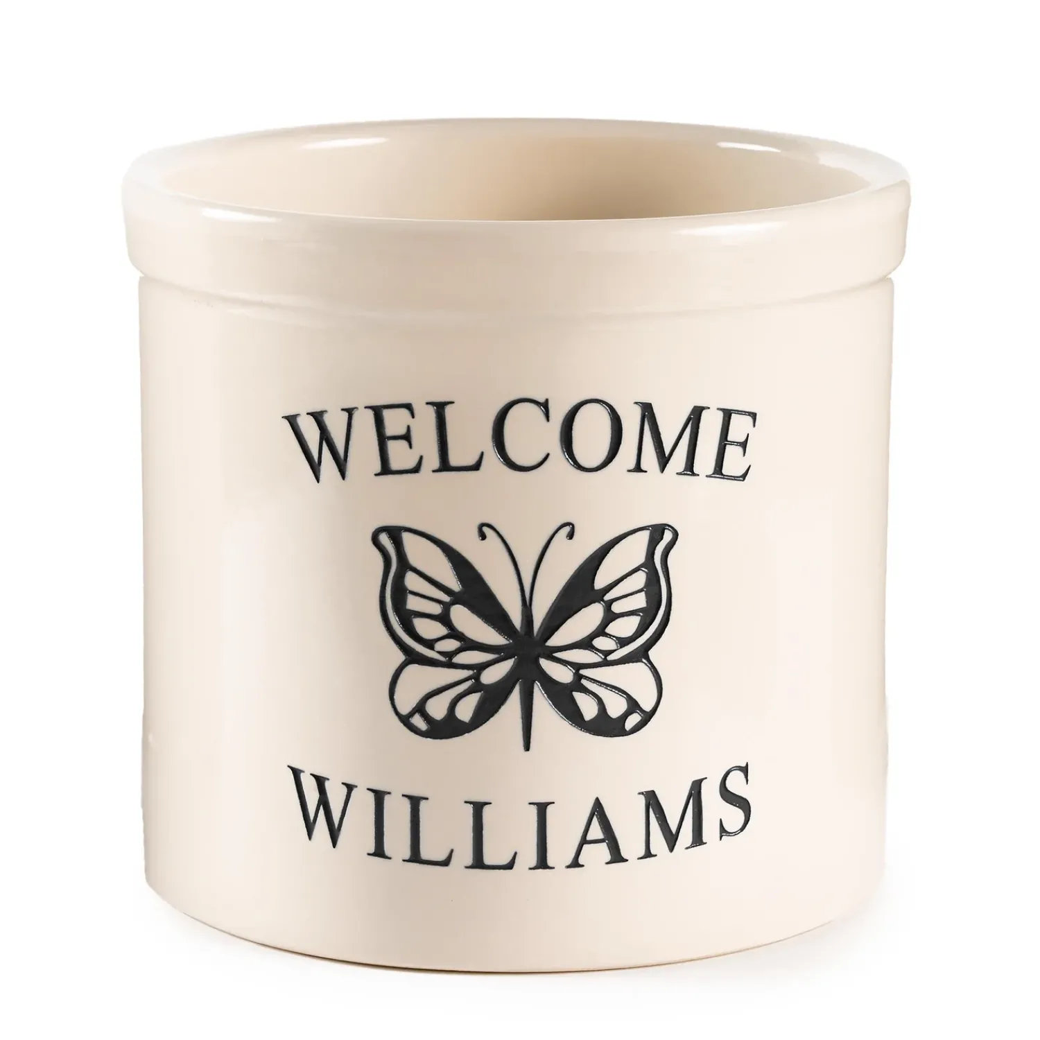 Plow & Hearth Planters & Plant Stands>Personalized Stoneware Welcome Crock with Butterfly