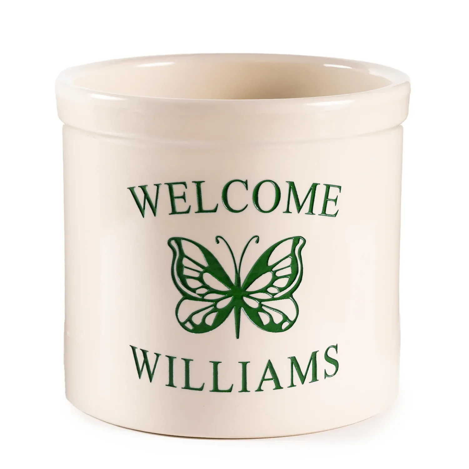 Plow & Hearth Planters & Plant Stands>Personalized Stoneware Welcome Crock with Butterfly