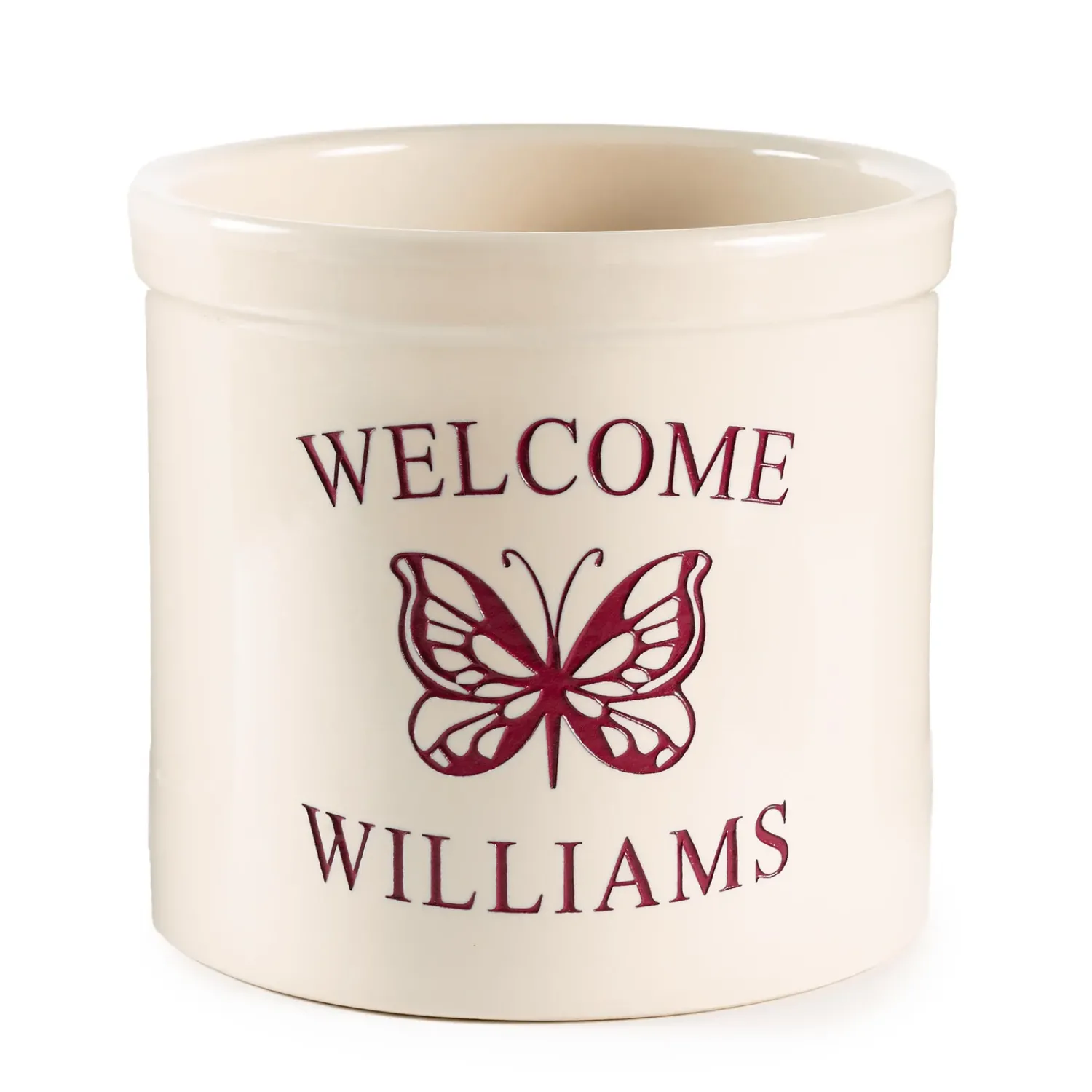 Plow & Hearth Planters & Plant Stands>Personalized Stoneware Welcome Crock with Butterfly