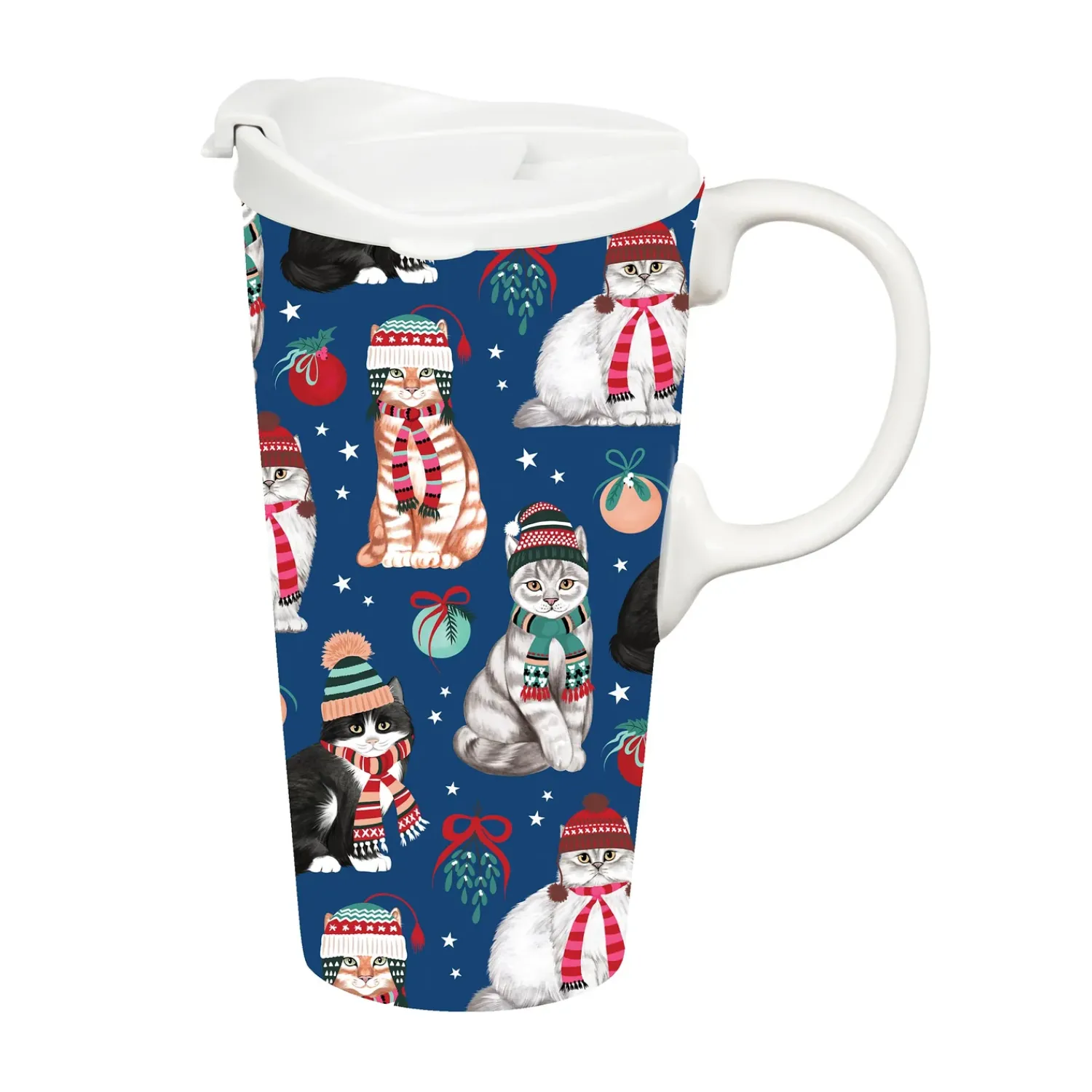 Plow & Hearth Travel Cups>Pet Travel Cup Ceramic Perfect Cup, Winter Cats, 17oz, Gift Box