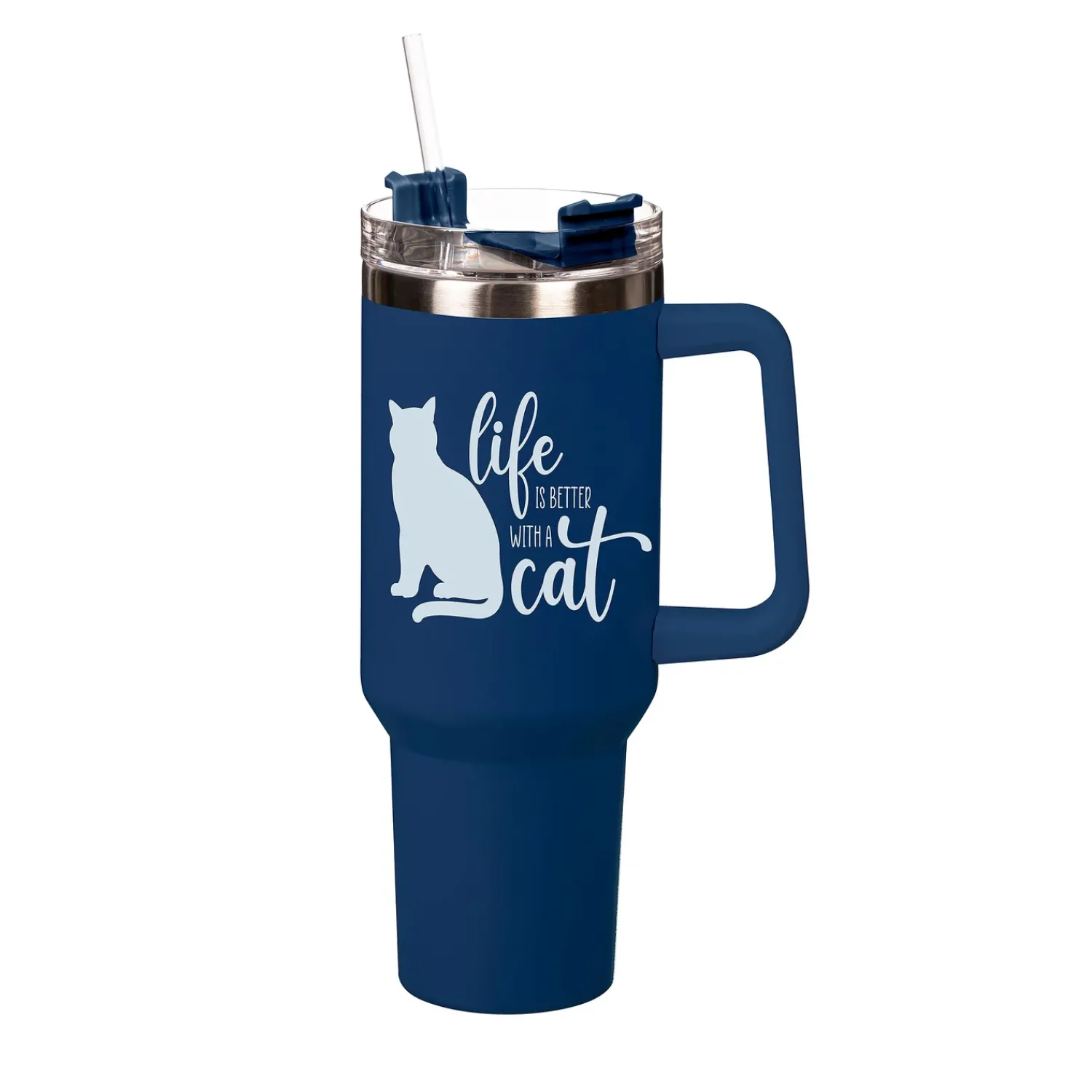 Plow & Hearth Travel Cups>Pet Tumbler Stainless-Steel Canyon Cup w/ Straw, Life Is Better With A Cat, 40oz, Gift Box