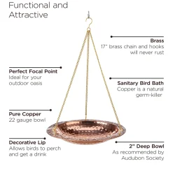 Plow & Hearth Birdbaths>Pure Copper Hanging Birdbath on 17" Long Brass Chain with Hook