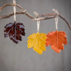 Plow & Hearth Decorative Accents>4" Ceramic Hanging Décor Set, Leaf