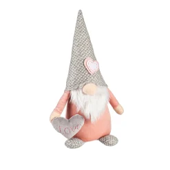 Plow & Hearth Decorative Accents>13" Fabric Pink and Grey Gnome with Heart Valentine's Table Décor