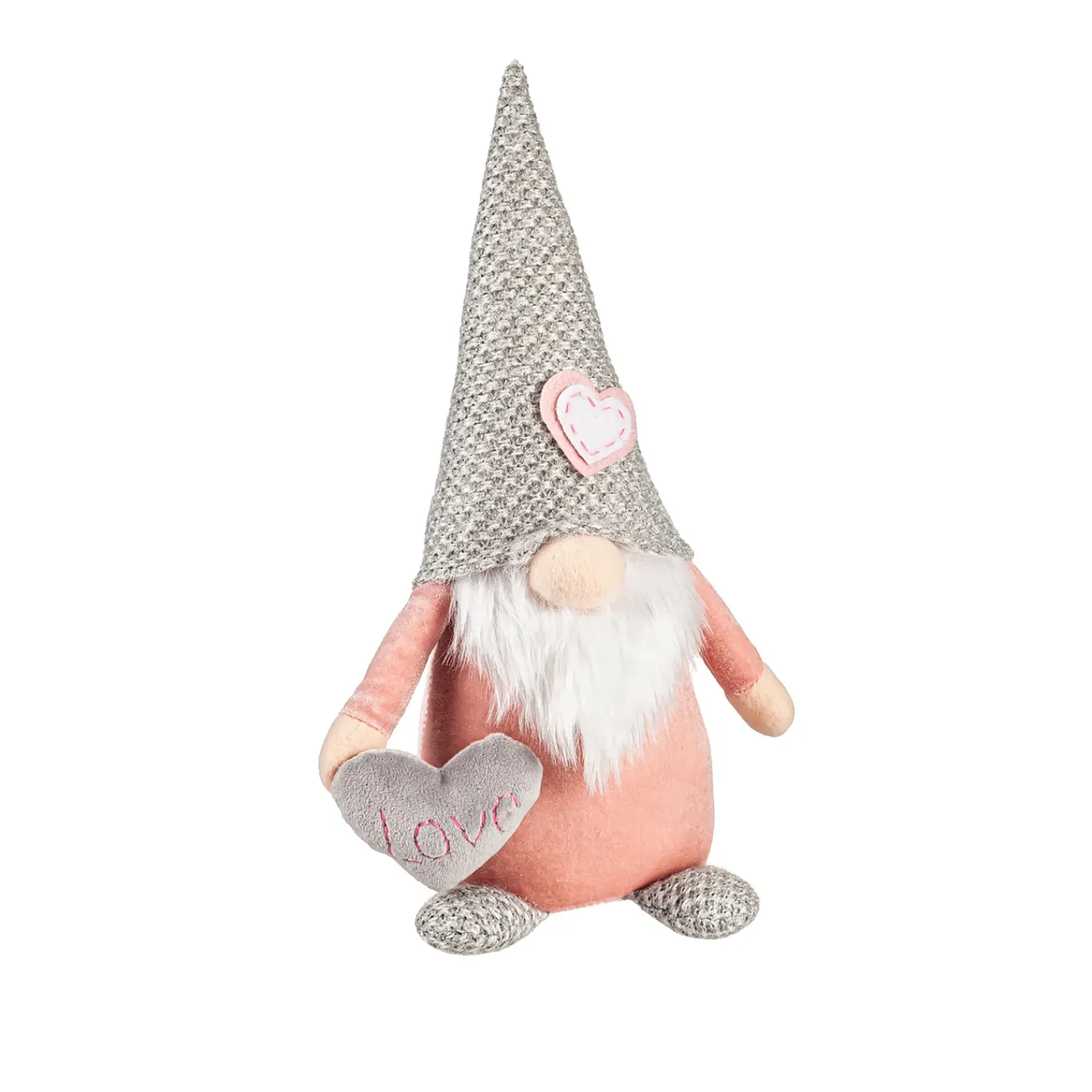 Plow & Hearth Decorative Accents>13" Fabric Pink and Grey Gnome with Heart Valentine's Table Décor