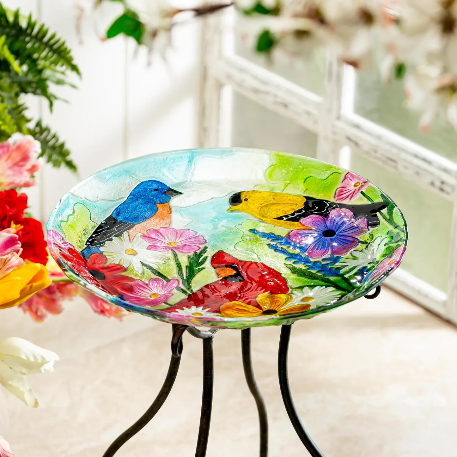 Plow & Hearth Birdbaths>18" Glass Bird Bath, Feathered Trio