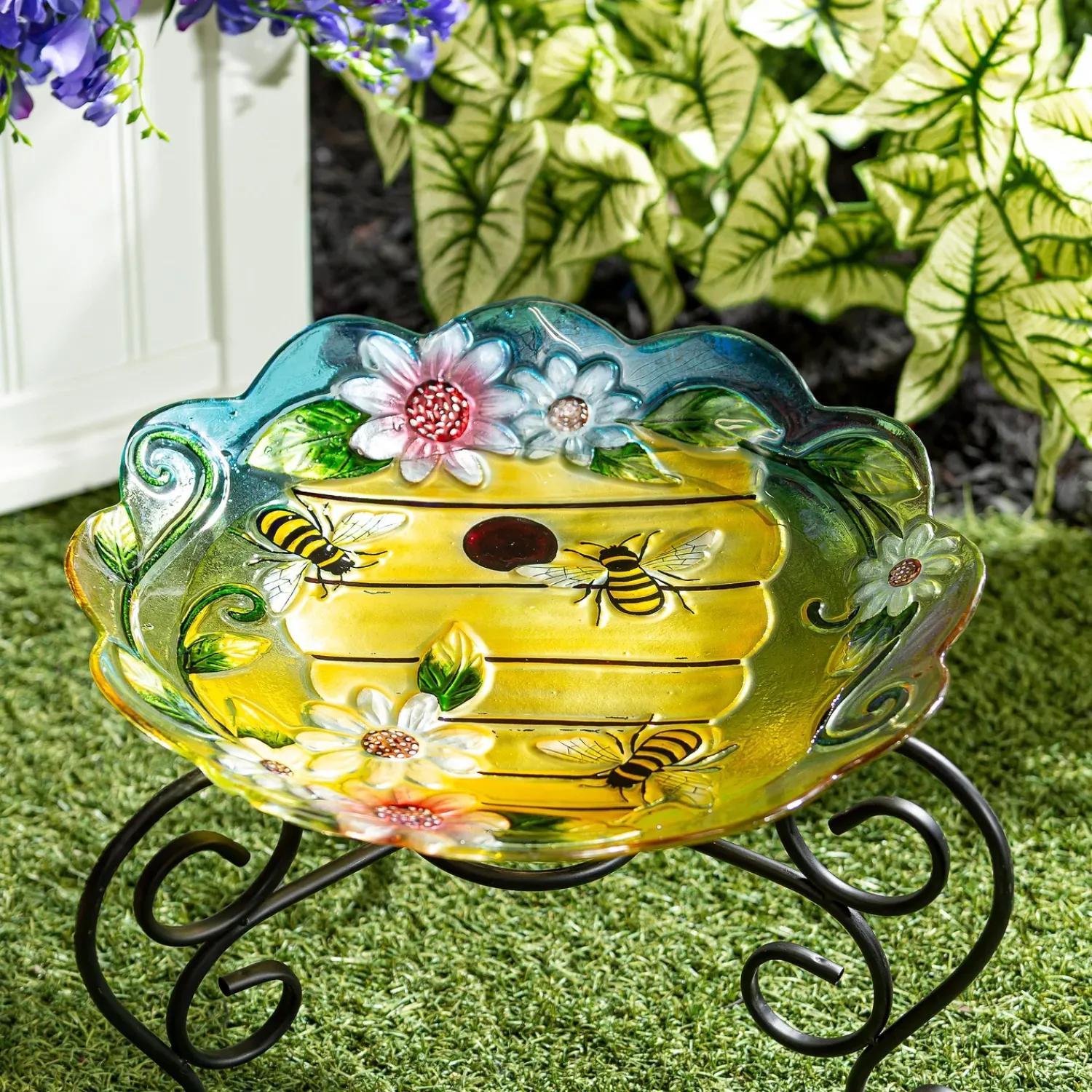 Plow & Hearth Birdbaths>18" Glass Bird Bath, Floral Beehouse