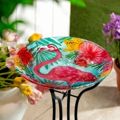 Plow & Hearth Birdbaths>18" Glass Bird Bath, Floral Flamingo