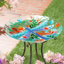 Plow & Hearth Birdbaths>18" Glass Folk Art Bird Bath, Dragonfly
