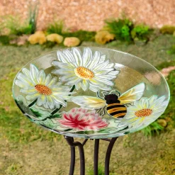 Plow & Hearth Birdbaths>18" Hand Painted Daisies & Bee Glass Bird Bath