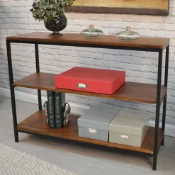 Plow & Hearth Desks & Console Tables|Bookshelves & Wall Shelves>30" High Three-Shelf Wood and Metal Bookcase/Console Chestnut