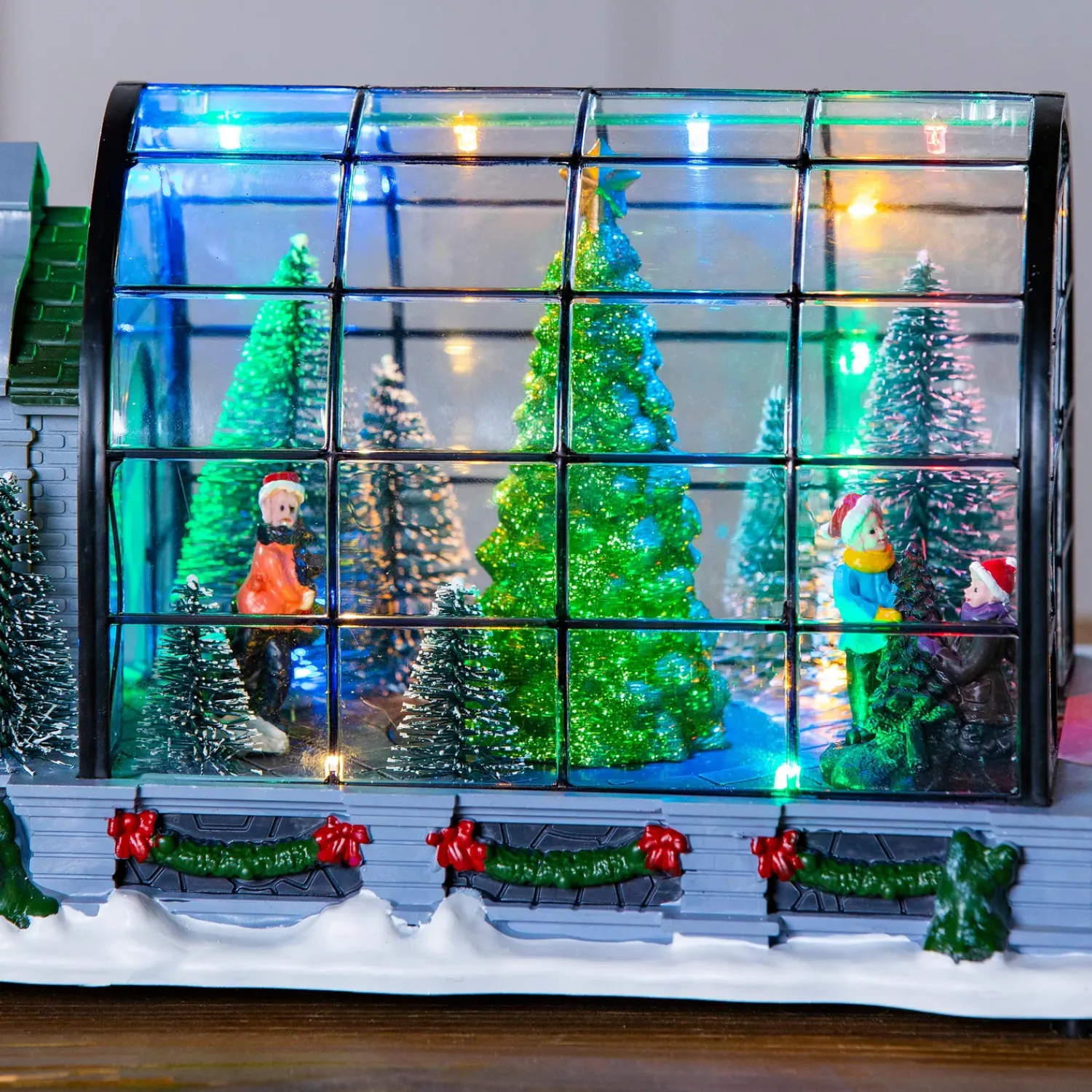 Plow & Hearth Decorative Accents>8.75" LED Christmas Greenhouse with Rotating Tree and Music Table Décor
