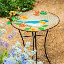 Plow & Hearth Birdbaths>17" Metal Bird Bath, Blue Bird With Flowers