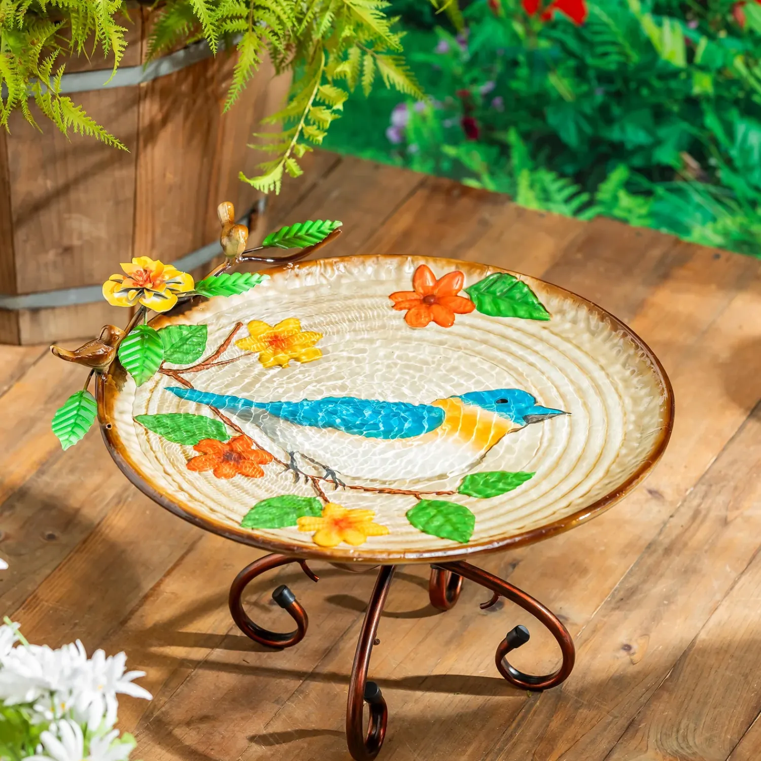 Plow & Hearth Birdbaths>17" Metal Bird Bath, Blue Bird With Flowers
