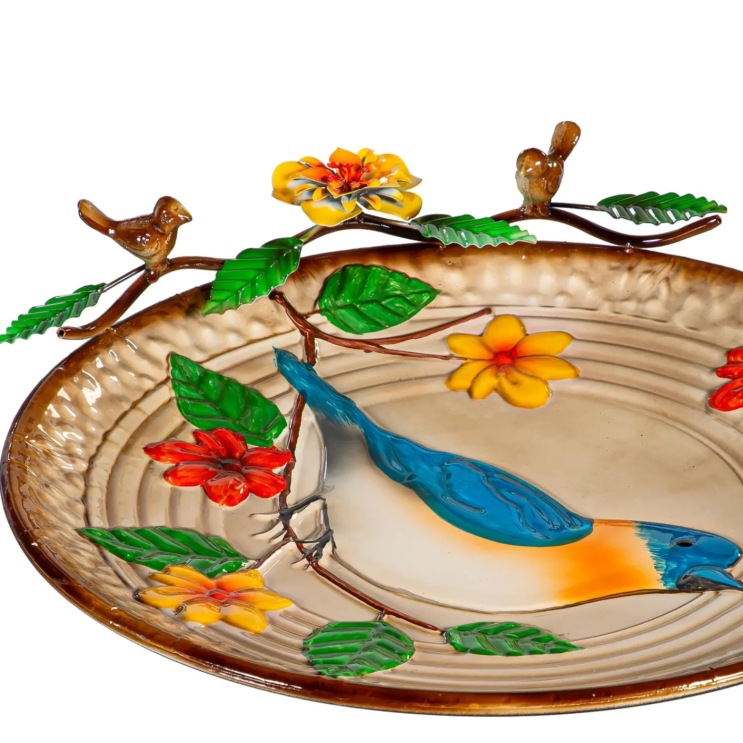 Plow & Hearth Birdbaths>17" Metal Bird Bath, Blue Bird With Flowers
