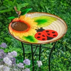 Plow & Hearth Birdbaths>17" Metal Bird Bath, Ladybug & Sunflower