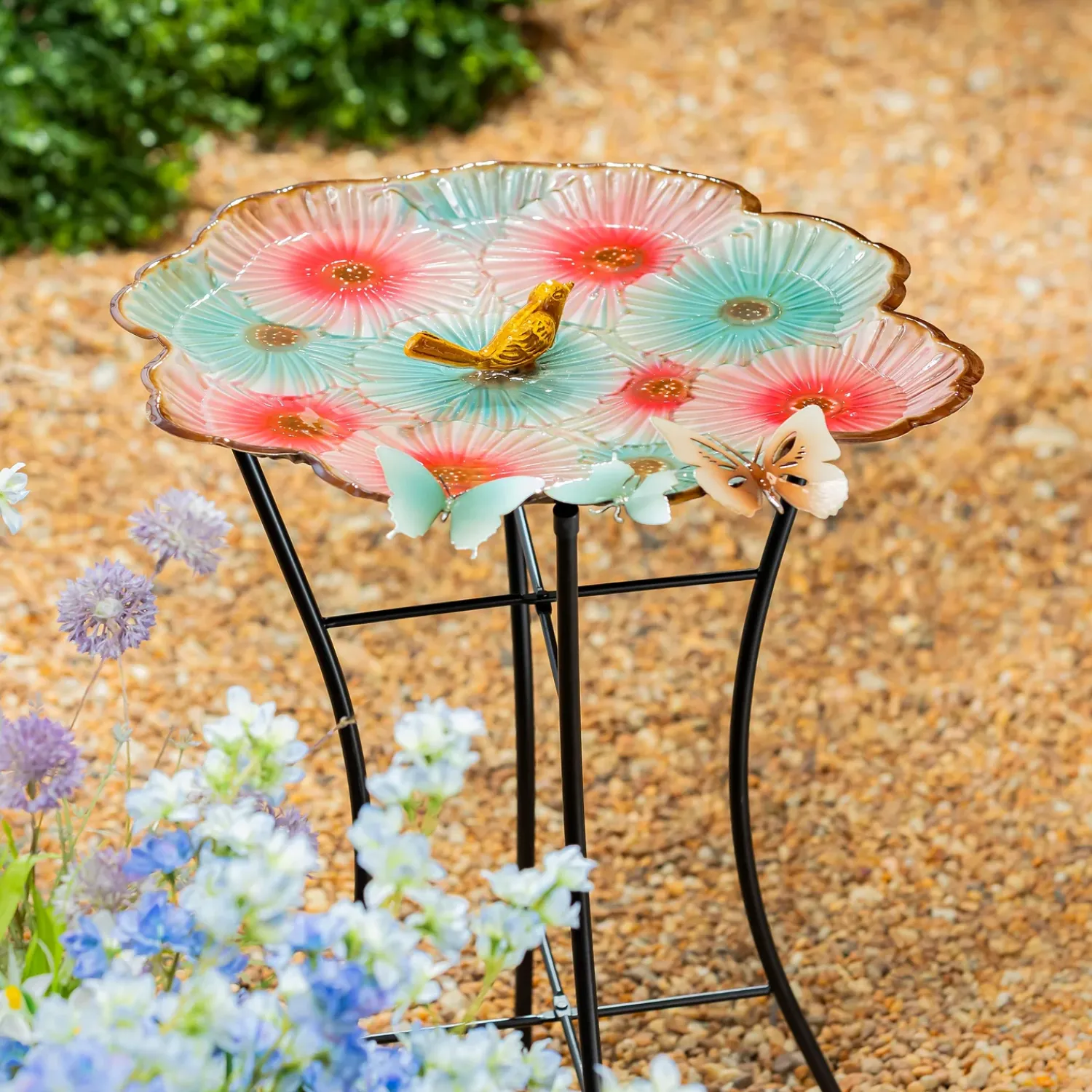 Plow & Hearth Birdbaths>17" Metal Sculpted Edge Bird Bath, Butterfly & Flowers