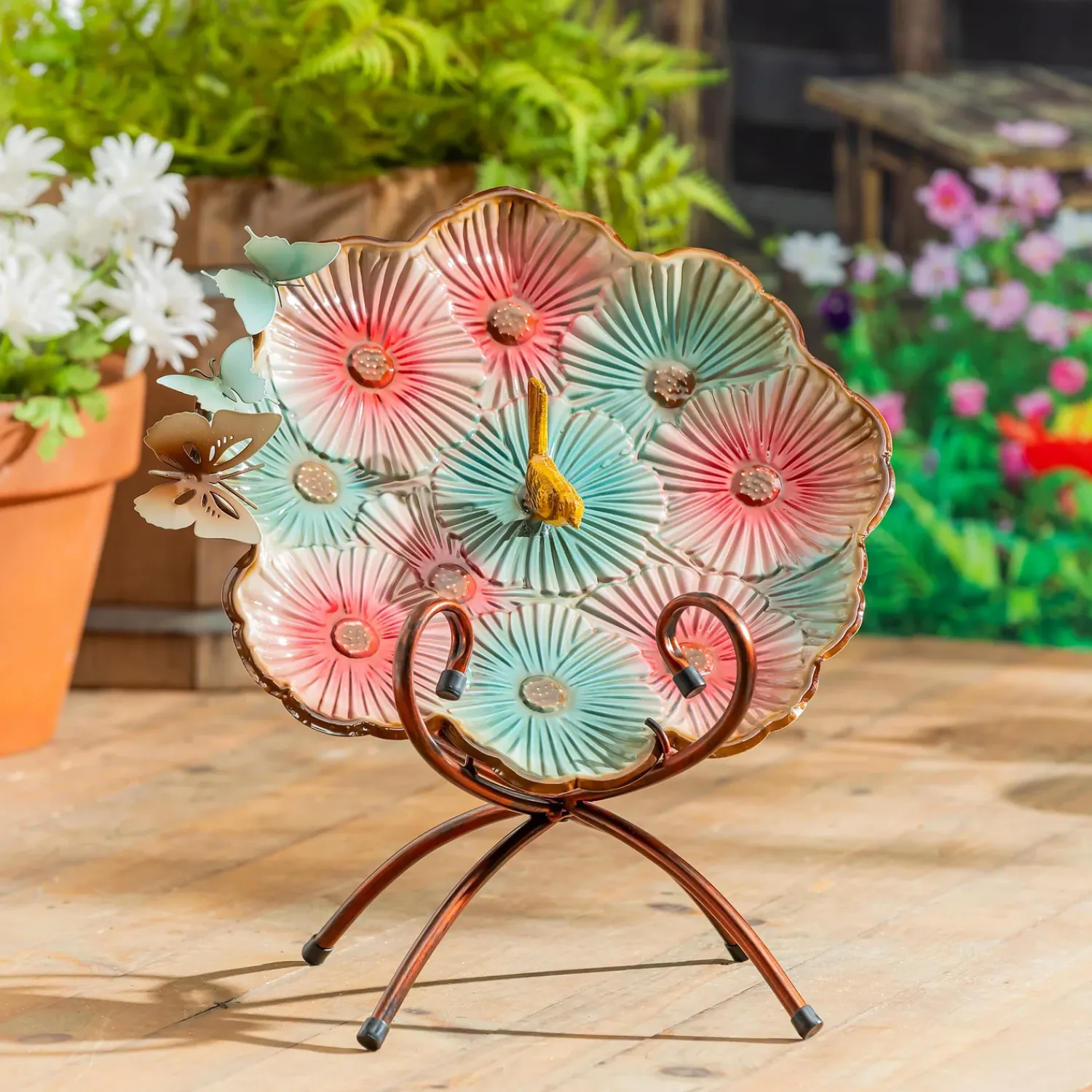 Plow & Hearth Birdbaths>17" Metal Sculpted Edge Bird Bath, Butterfly & Flowers