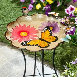 Plow & Hearth Birdbaths>17" Metal Sculpted Edge Bird Bath, Bright Butterfly & Flowers