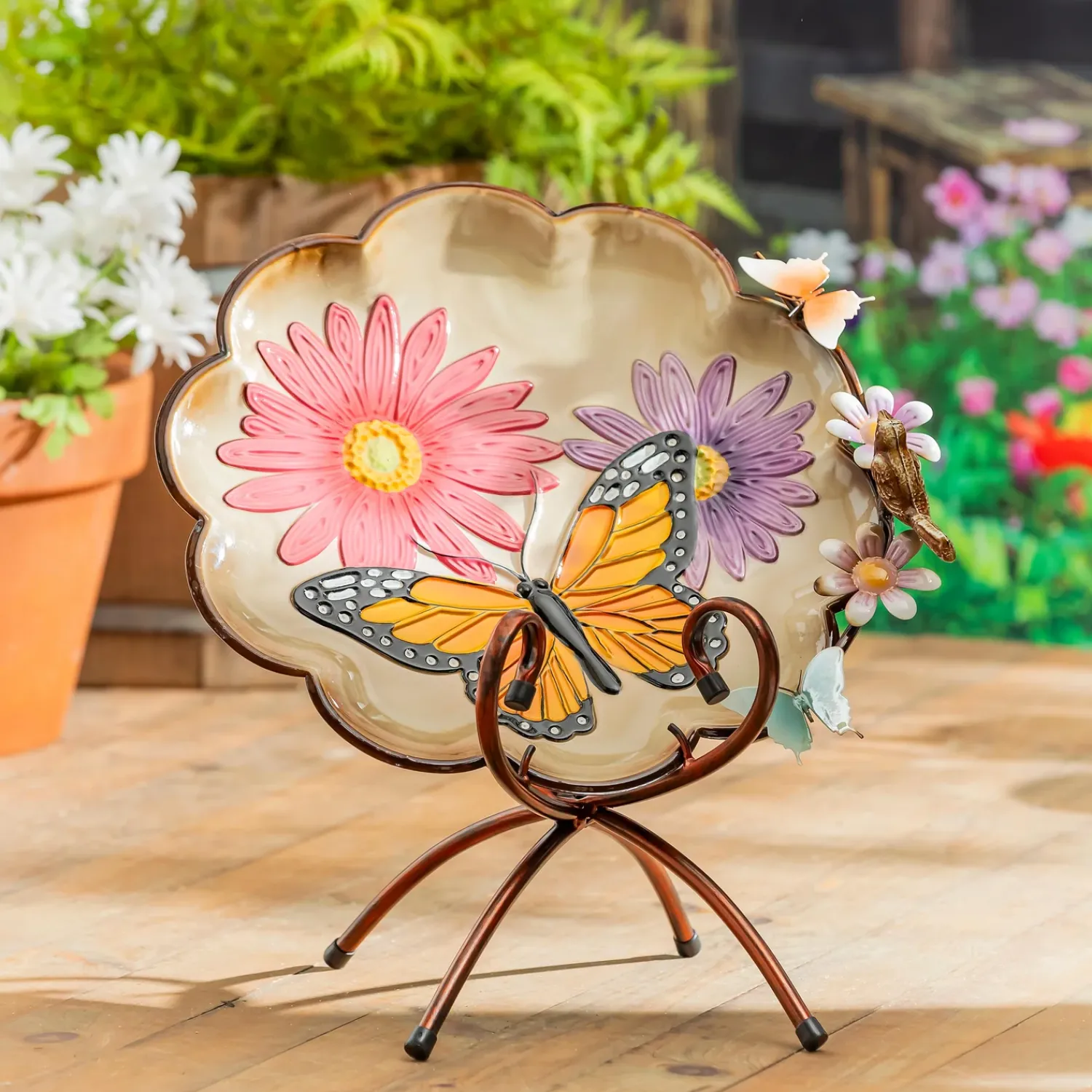 Plow & Hearth Birdbaths>17" Metal Sculpted Edge Bird Bath, Bright Butterfly & Flowers