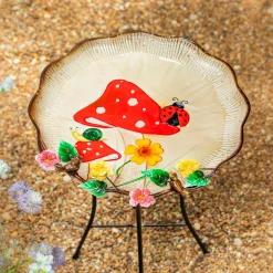 Plow & Hearth Birdbaths>17" Metal Sculpted Edge Bird Bath, Flowers & Mushrooms