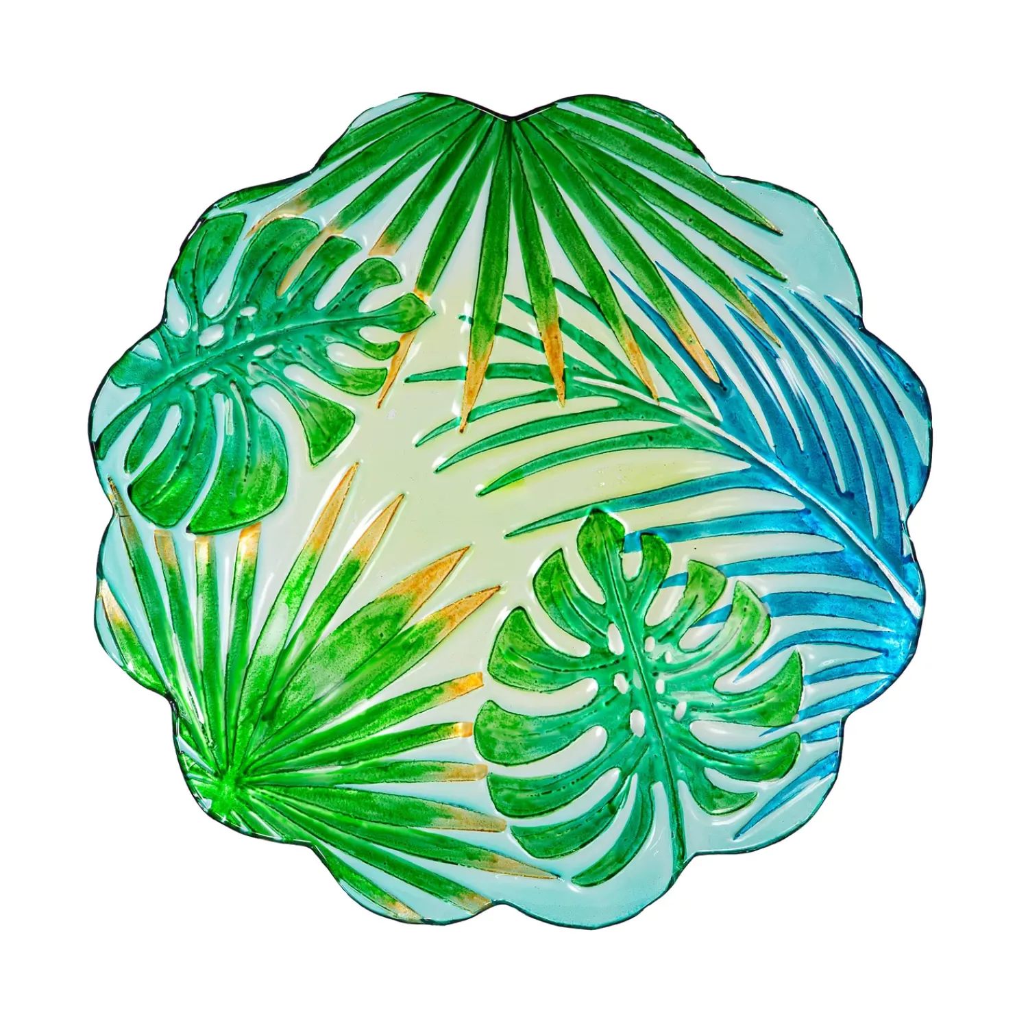 Plow & Hearth Birdbaths>18" Sculpted Edge Glass Bird Bath, Palm Leaves