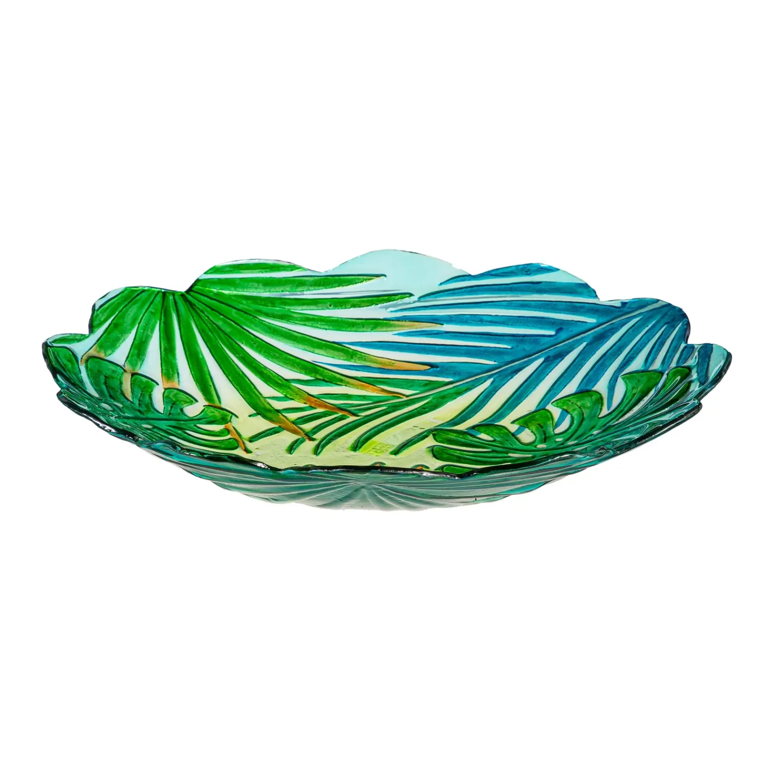 Plow & Hearth Birdbaths>18" Sculpted Edge Glass Bird Bath, Palm Leaves