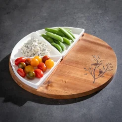 Plow & Hearth Serveware>12" Wood Round Server with 3 Ceramic Dishes Set