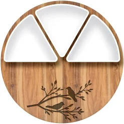 Plow & Hearth Serveware>12" Wood Round Server with 3 Ceramic Dishes Set