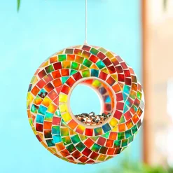 Plow & Hearth Bird Feeders>9.25"D Acrylic Circle Bird Feeder, Rainbow Mosaic Glass Multi