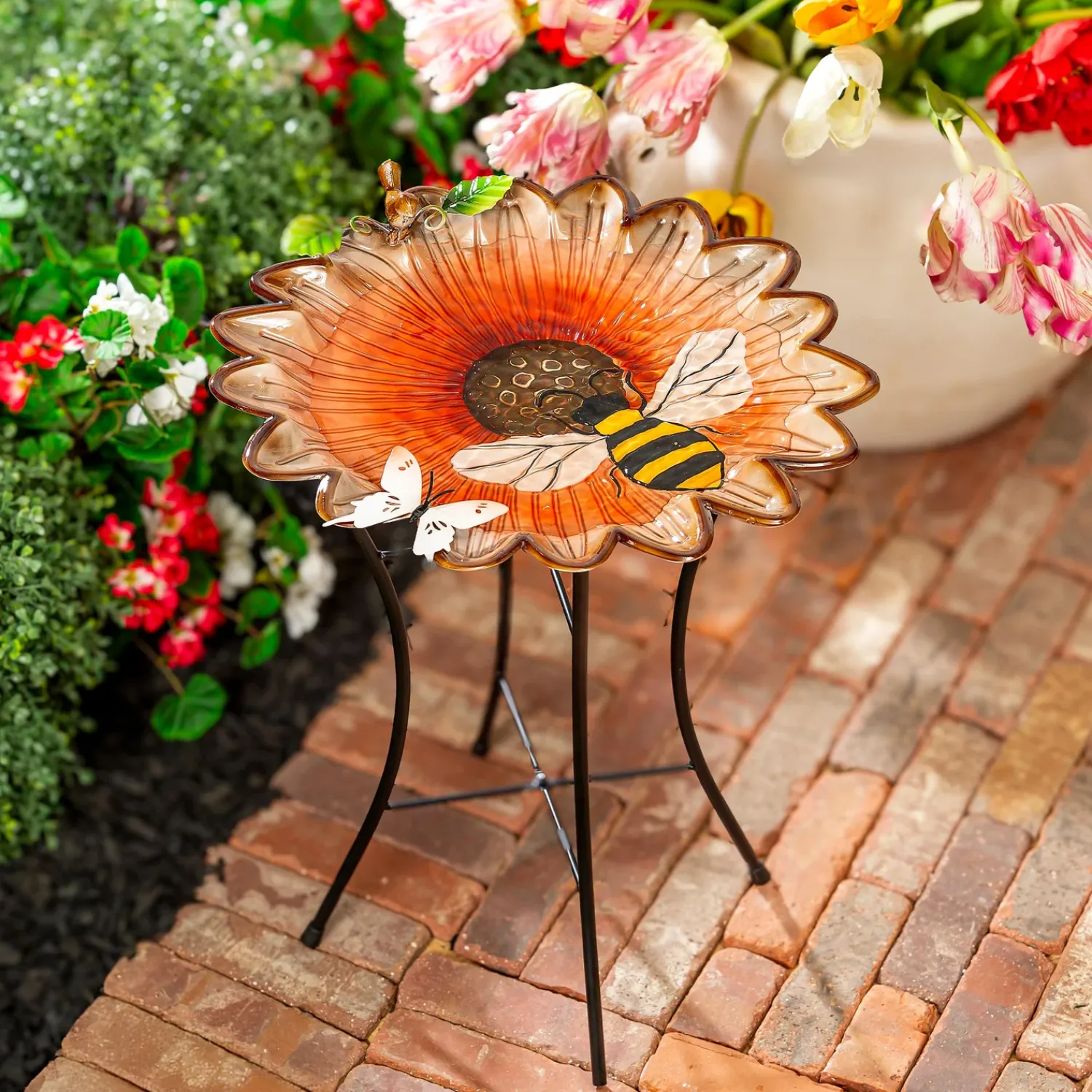 Plow & Hearth Birdbaths>16.5"D Metal Bird Bath with Stand, Sunflower & Bee