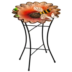 Plow & Hearth Birdbaths>16.5"D Metal Bird Bath with Stand, Sunflower & Bee