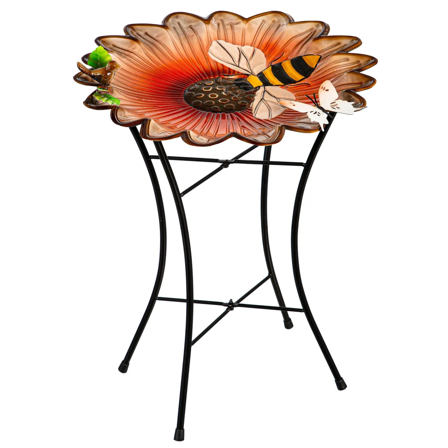 Plow & Hearth Birdbaths>16.5"D Metal Bird Bath with Stand, Sunflower & Bee
