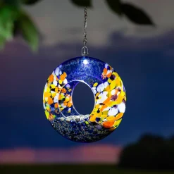 Plow & Hearth Solar Accents|Bird Feeders>8"D Solar Art Glass Fly Through Bird Feeder, Sky Swirl