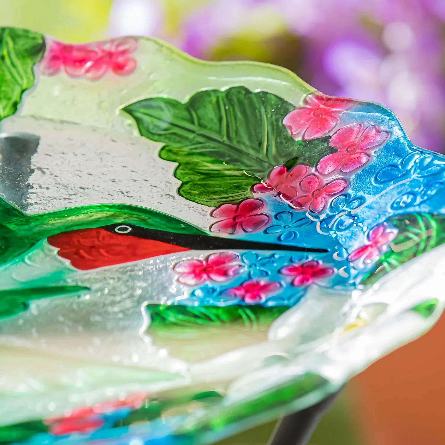 Plow & Hearth Birdbaths>18"Hand Painted and Embossed Glass Shaped Bird Bath, Hummingbird Bouquets