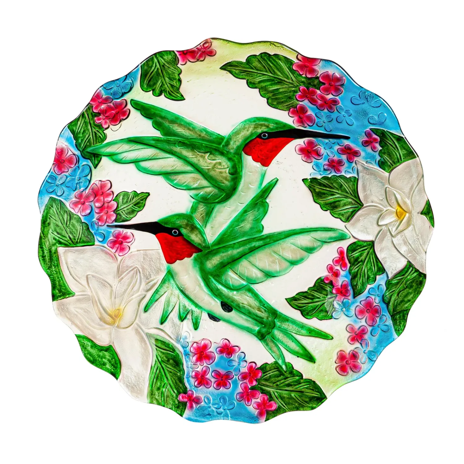 Plow & Hearth Birdbaths>18"Hand Painted and Embossed Glass Shaped Bird Bath, Hummingbird Bouquets