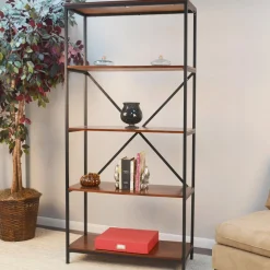Plow & Hearth Bookshelves & Wall Shelves>72"-High Five-Shelf Wood and Metal Bookcase Chestnut