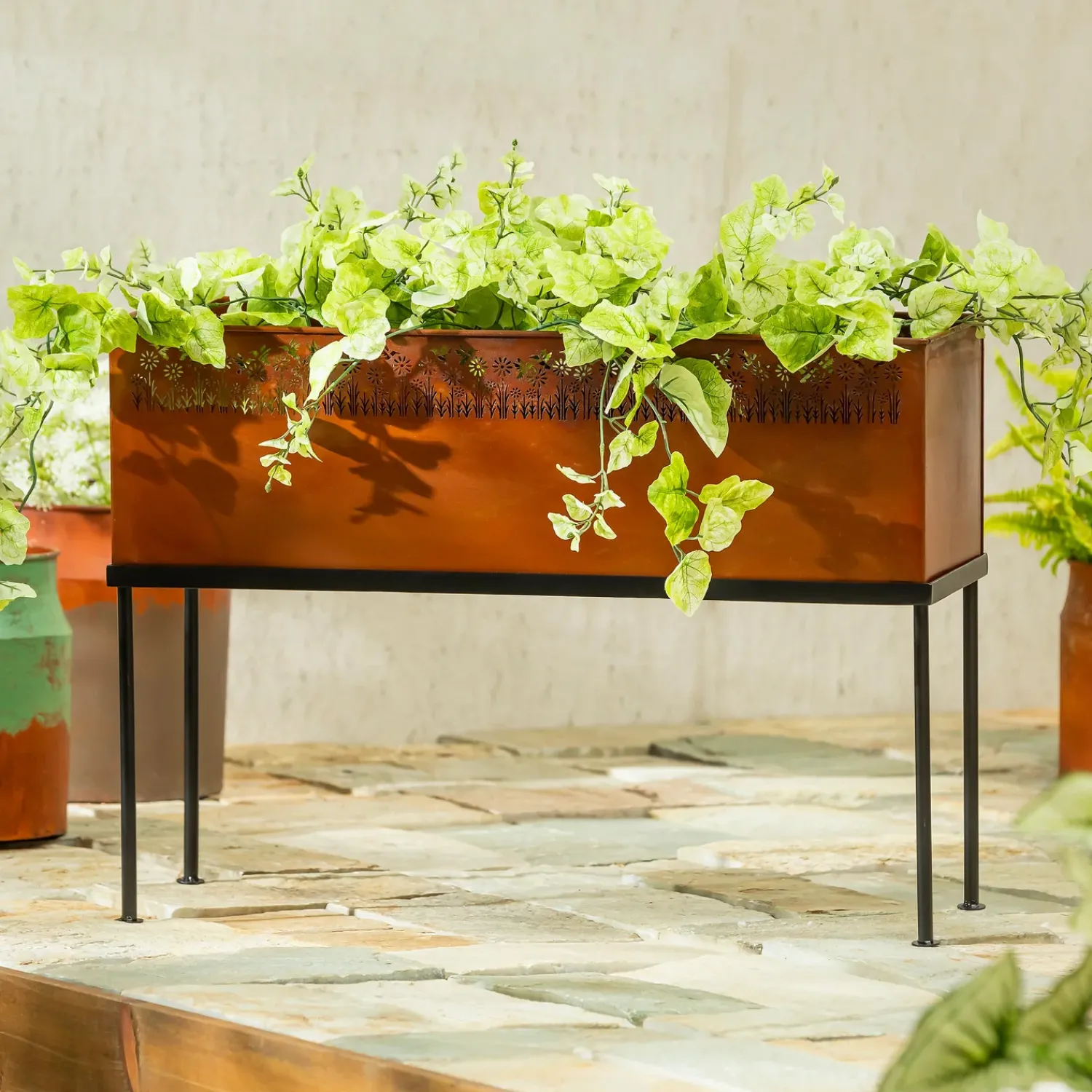 Plow & Hearth Planters & Plant Stands>Rectangular Metal Planter with Laser Cut Wildflowers and Hummingbirds