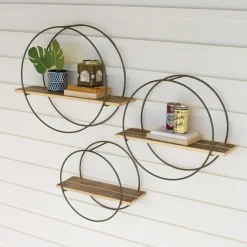 Plow & Hearth Bookshelves & Wall Shelves>Recycled Wooden Shelves with Round Metal Frames, Set of 3