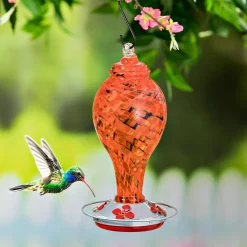 Plow & Hearth Hummingbird Feeders>Red Speckled Art Glass Hummingbird Feeder with Bronze Gondola