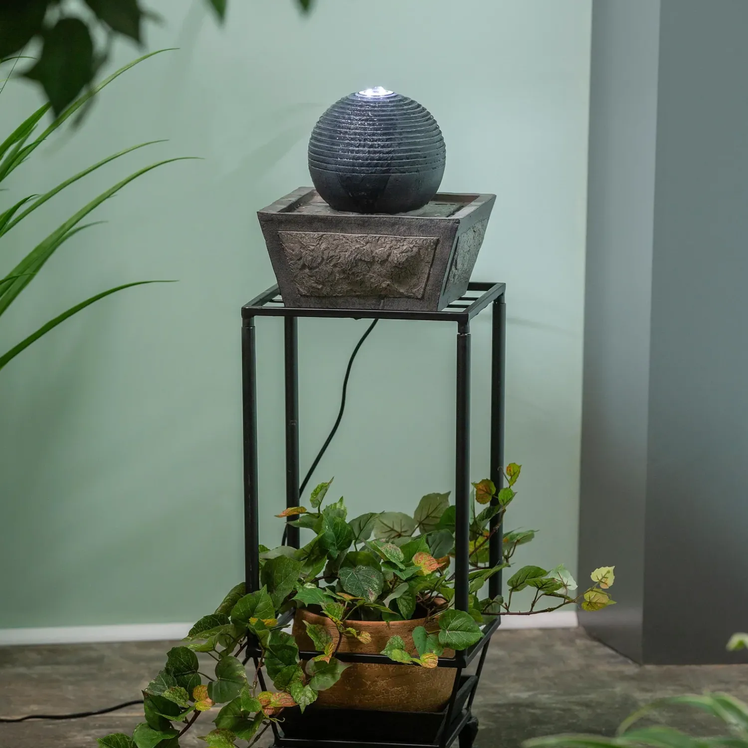 Plow & Hearth Outdoor Fountains>Ridged Globe Fountain with Planter Shelf