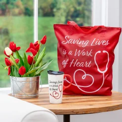 Plow & Hearth Travel Cups>Saving Lives is a Work of Heart Ceramic Perfect Cup and Compact Tote Giftset, 17oz, Gift Box