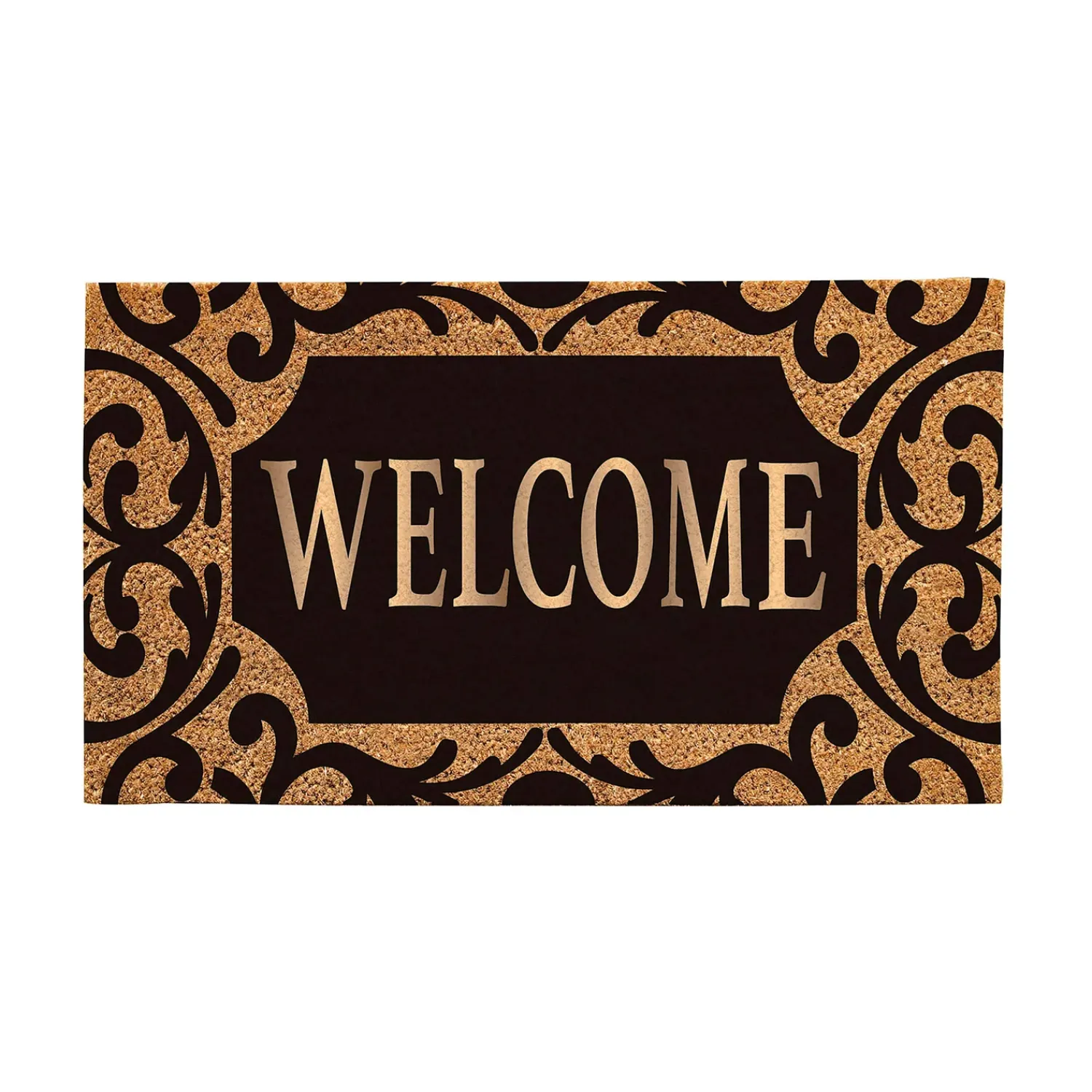 Plow & Hearth Coir Mats>Scroll Metallic Welcome Rubber Inset Coir Mat