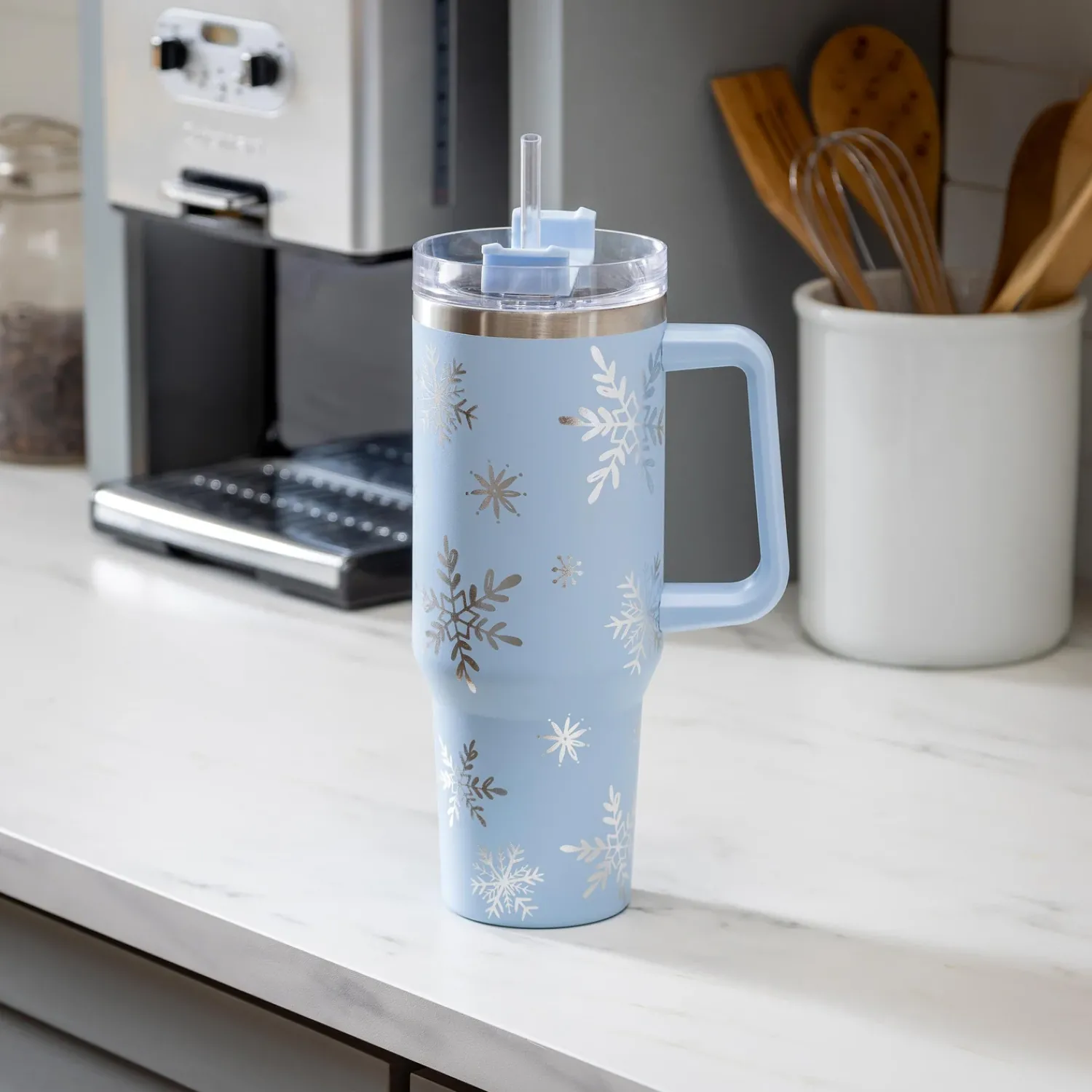 Plow & Hearth Travel Cups>Season to Sparkle Tumbler Stainless-Steel Canyon Cup w/ Straw, Snowflakes, 40oz, Gift Box