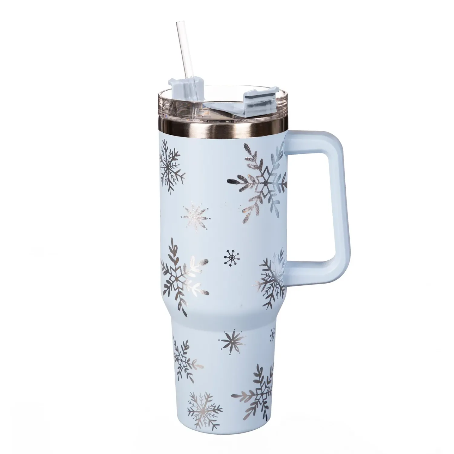 Plow & Hearth Travel Cups>Season to Sparkle Tumbler Stainless-Steel Canyon Cup w/ Straw, Snowflakes, 40oz, Gift Box